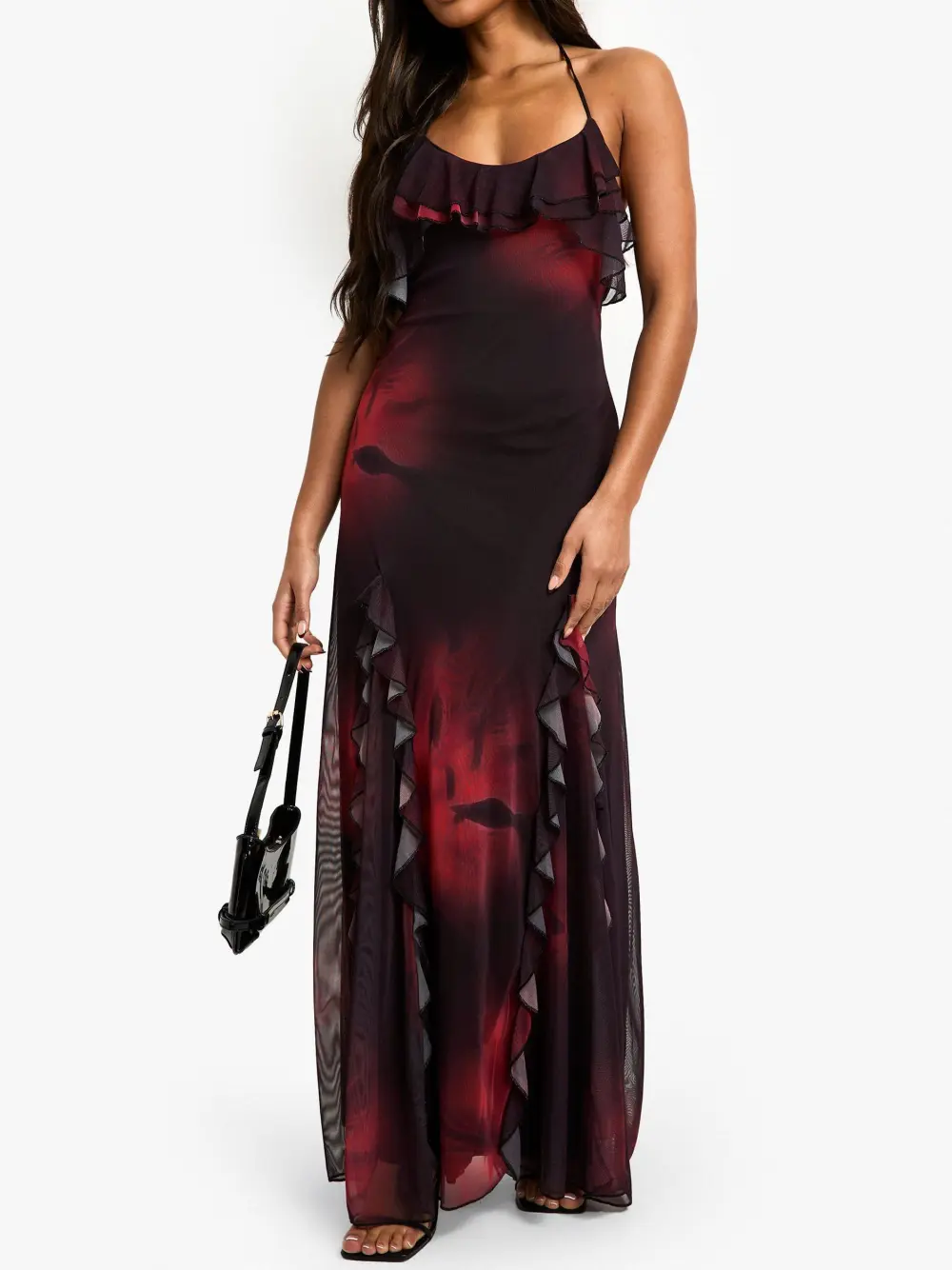 RUFFLE HALTER NECK FIT AND FLARE MAXI DRESS