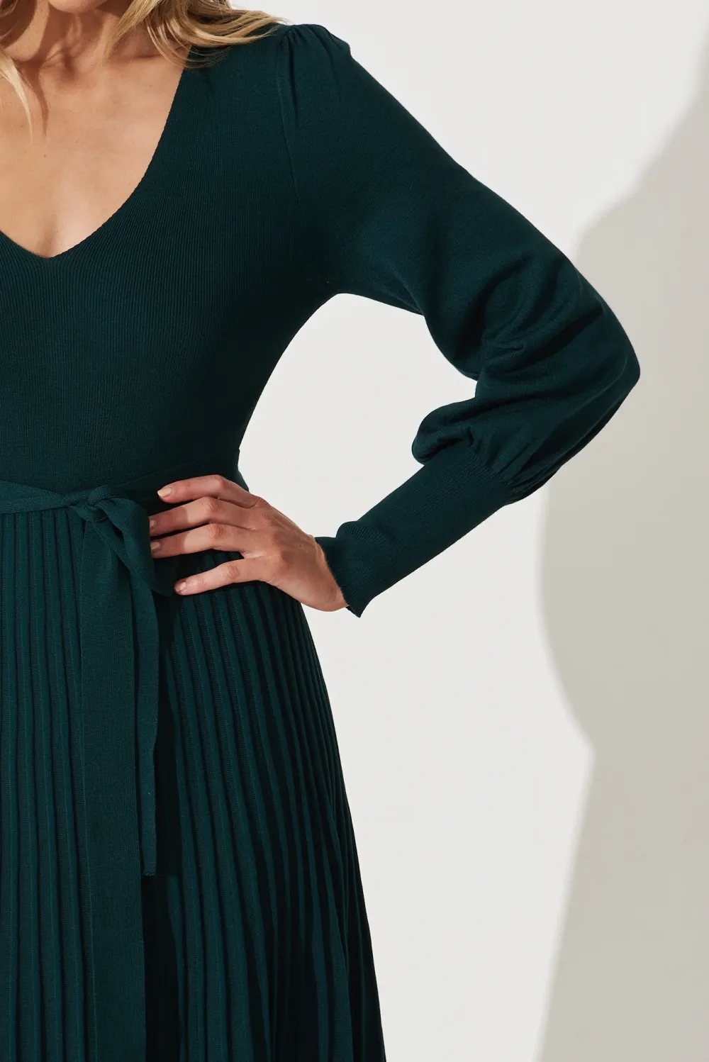 Dark Green Pleated Knitted Midi Dress