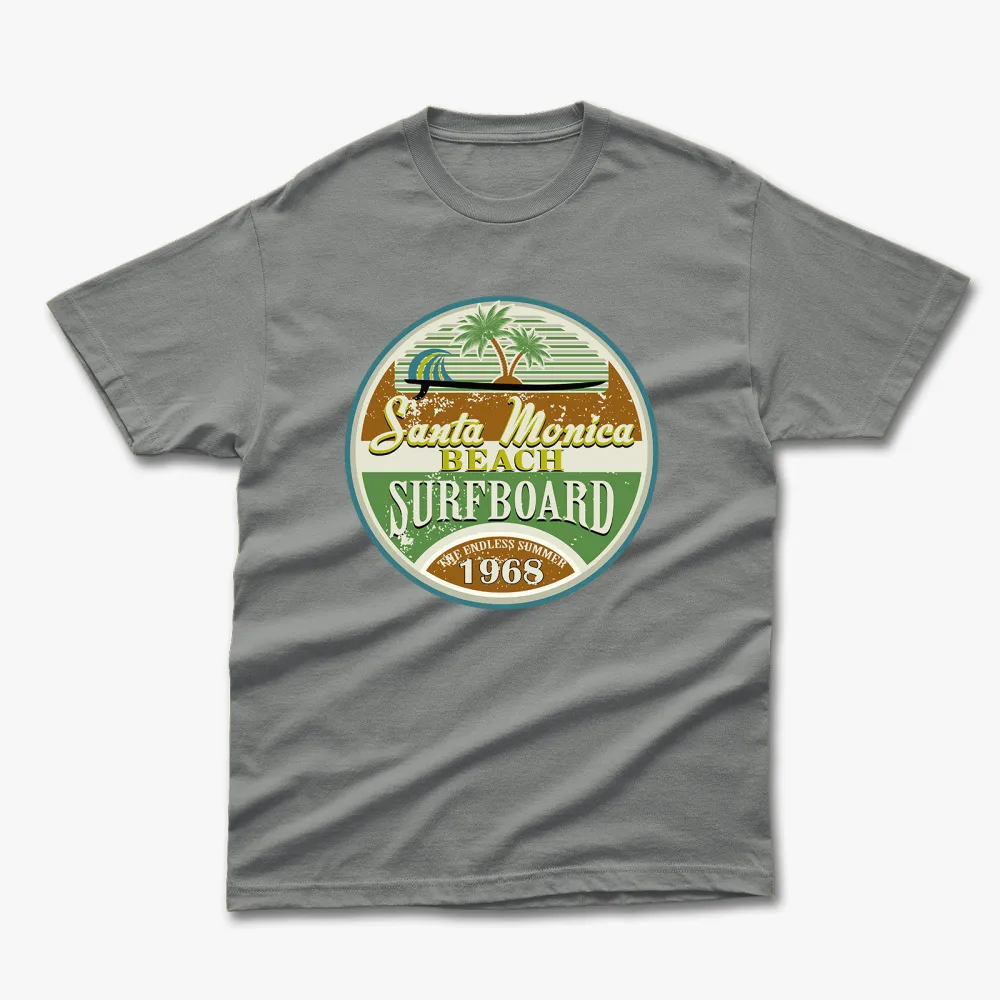 Retro Summer Santa Monica Beach Surfboard 1968 Printed T-Shirt