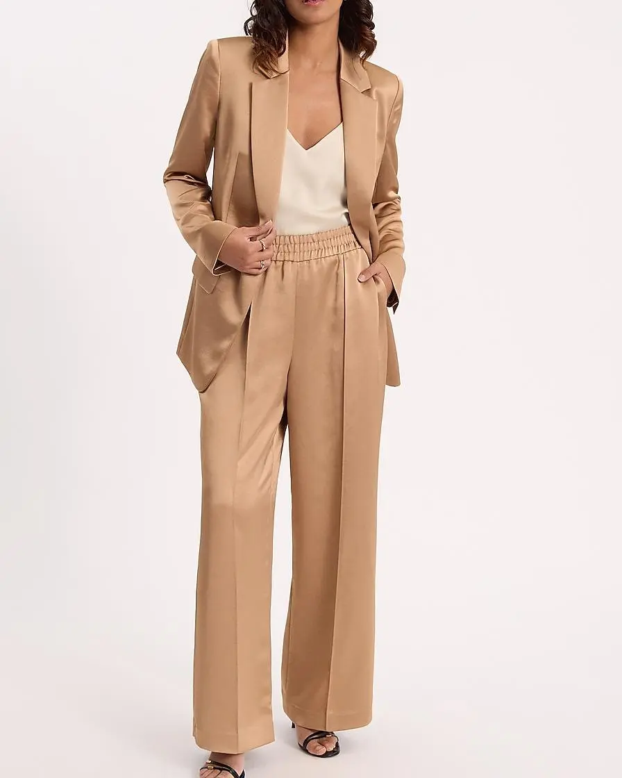 Satin One Button Cinched Boyfriend Blazer + Satin Pintuck Pull On Trousers