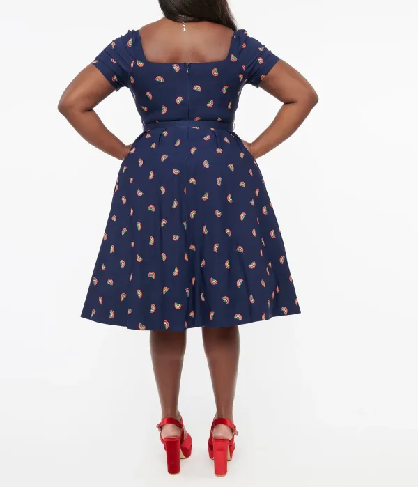 Unique Vintage Plus Size 1950s Navy & Rainbow Stamp Midge Swing Dress