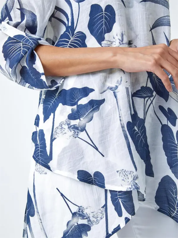 Navy Palm Print V-Neck Wrap Hem Tunic Top