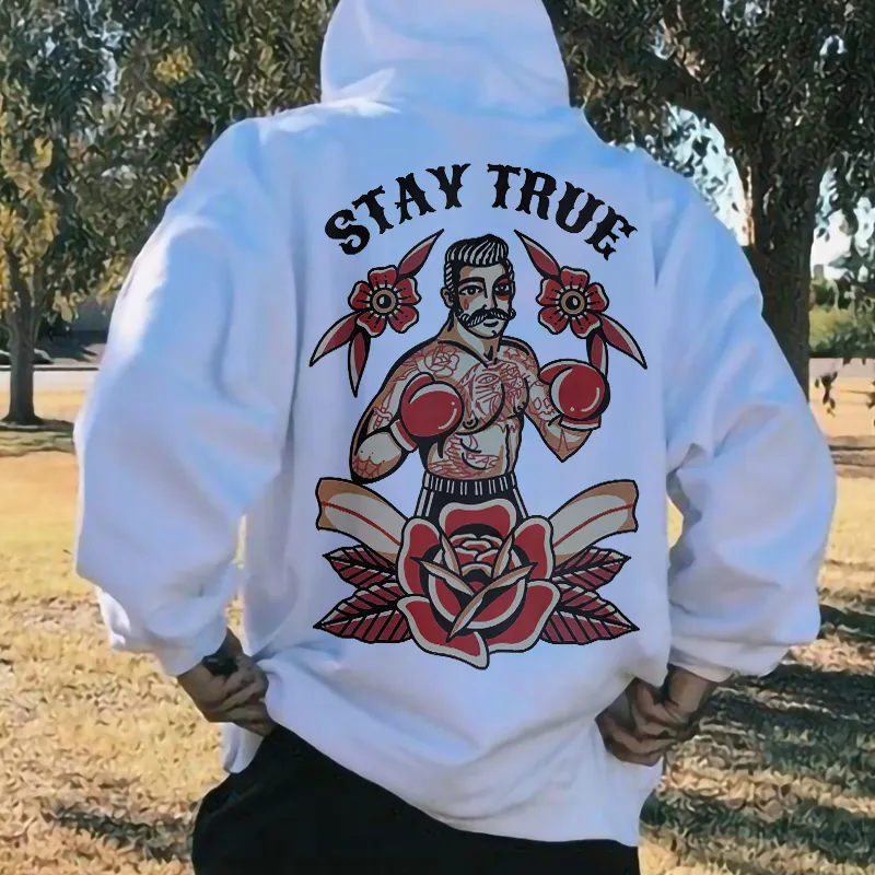 Stay True Boxer Floral Print Trendy Men閳ユ獨 White Hoodie