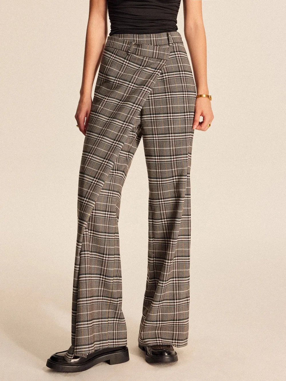 Asymmetrical Design Plaid Pants With Pockets