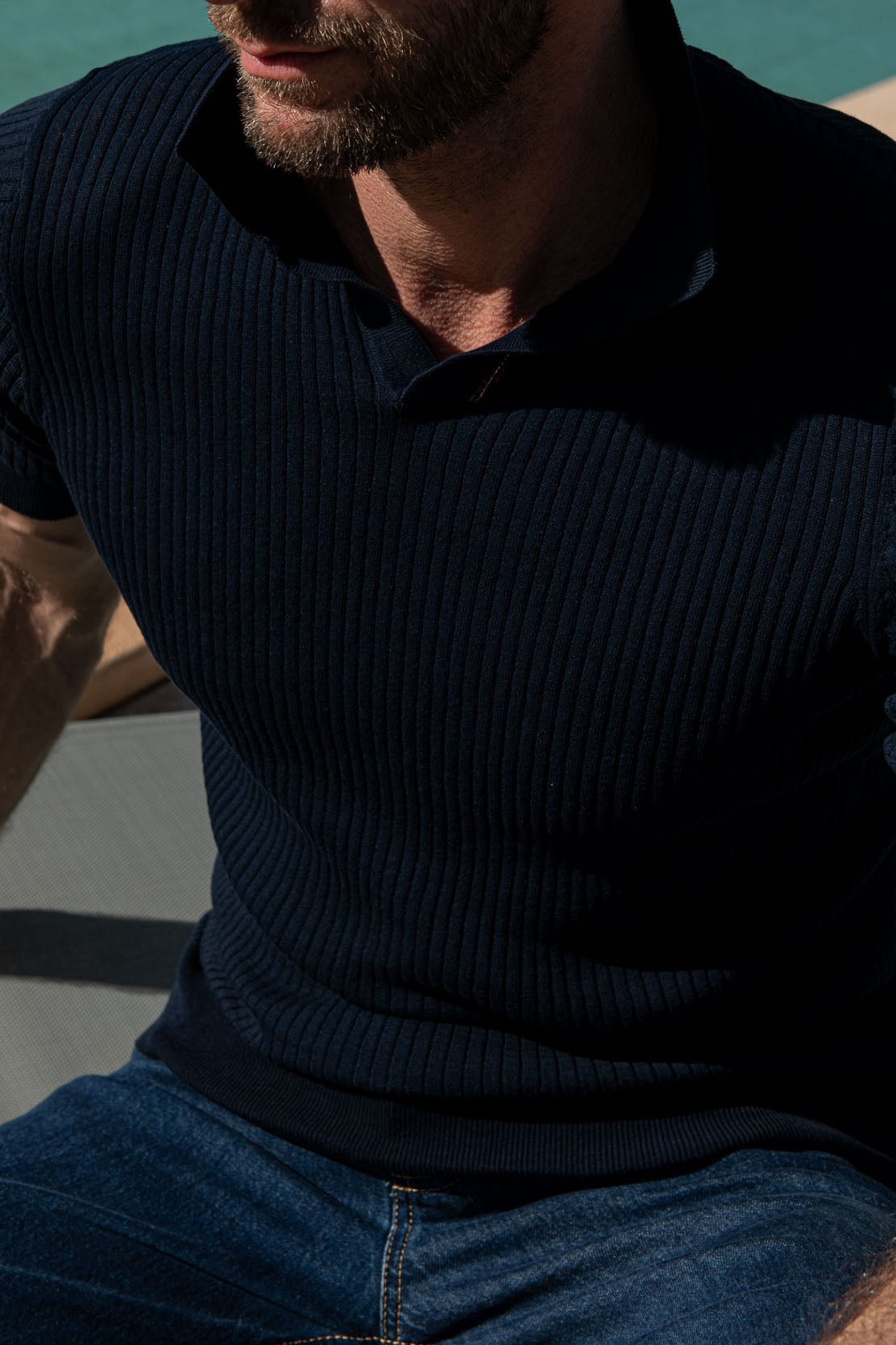 Blue Thin Ribs Knit Polo