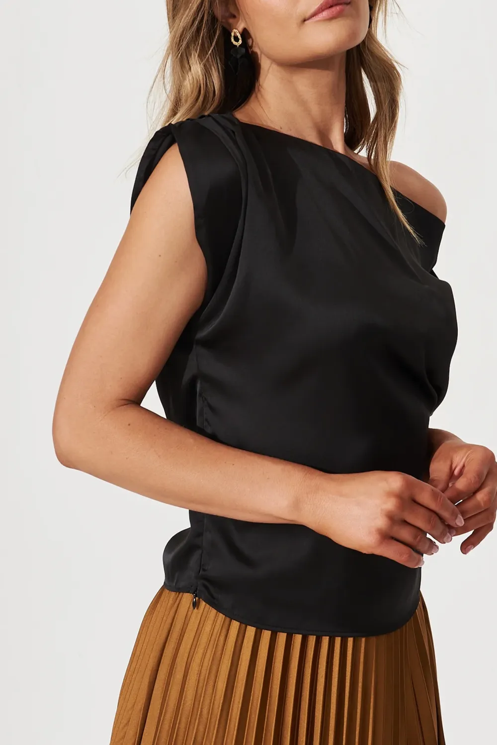 Black Asymmetric Sleeveless Silk Top