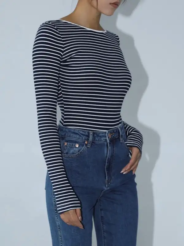 Striped Backless Long Sleeve Bodysuit