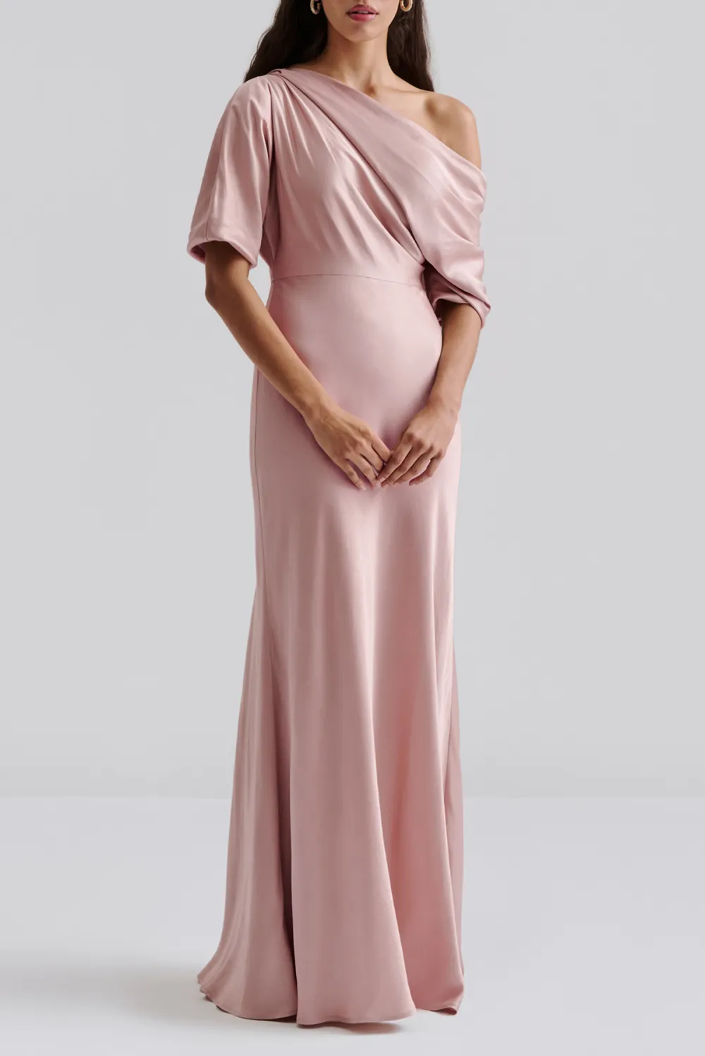 Asymmetrical Shoulder Satin Maxi Dress