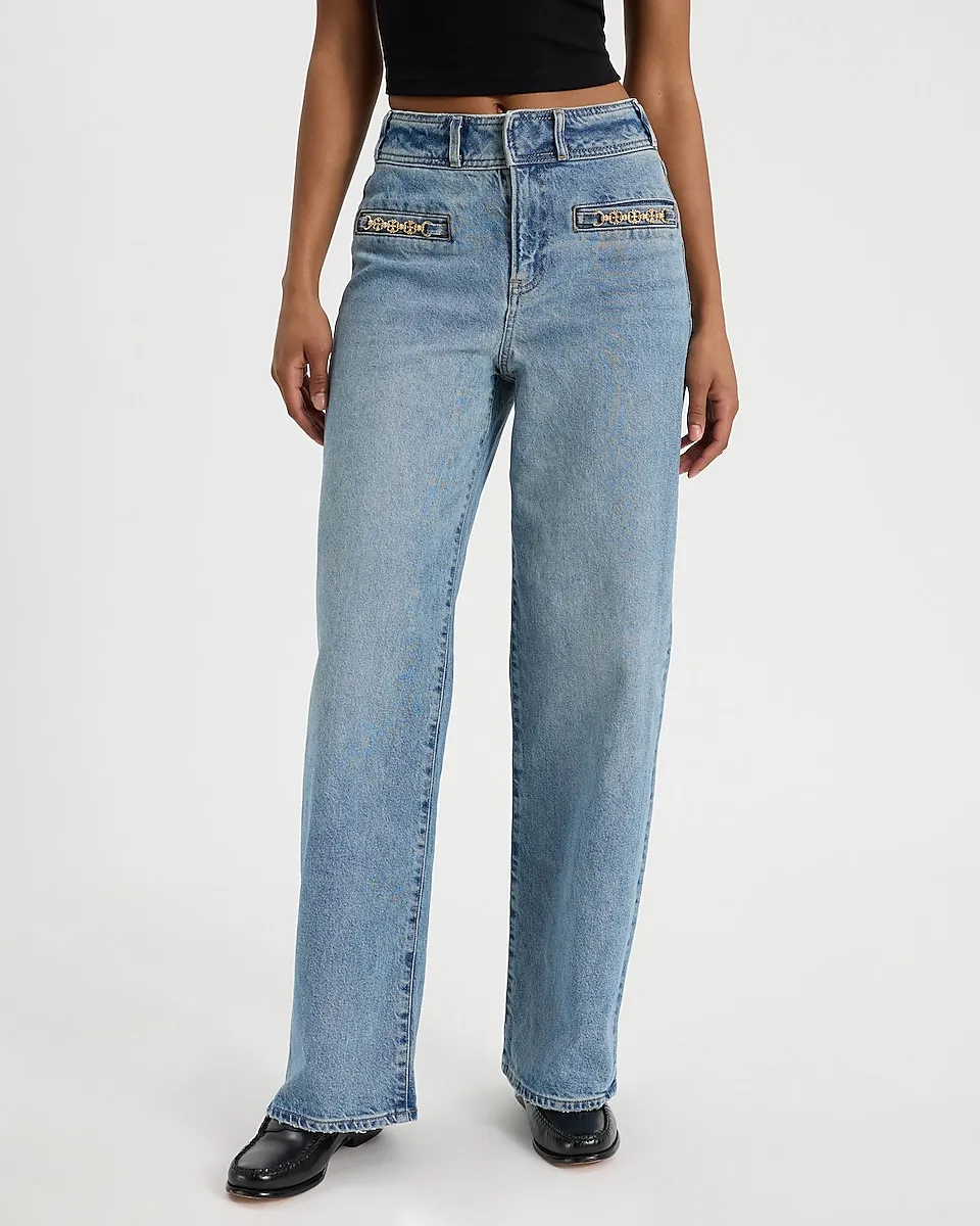 High Waisted Medium Wash Horsebit Wide Leg Jeans