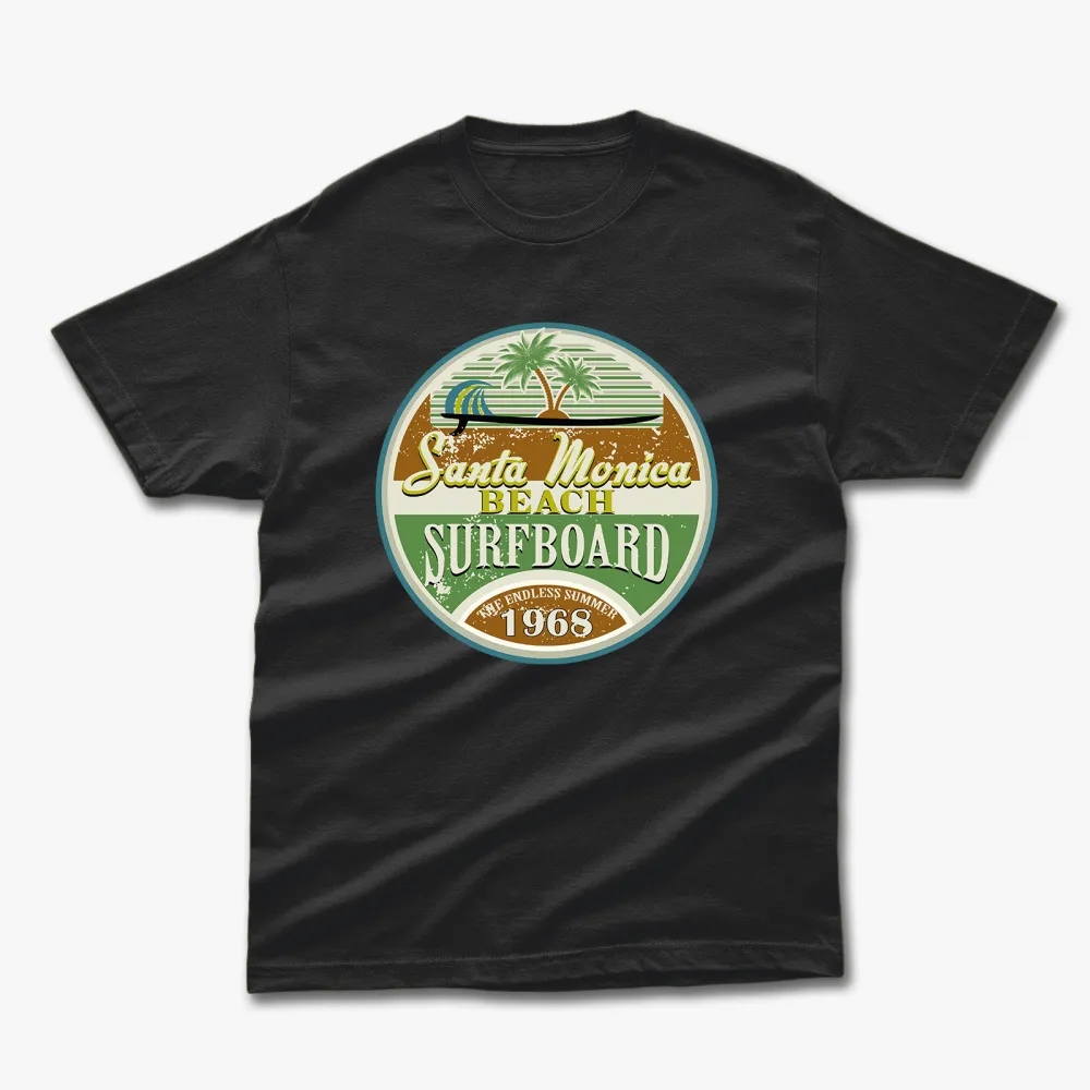 Retro Summer Santa Monica Beach Surfboard 1968 Printed T-Shirt