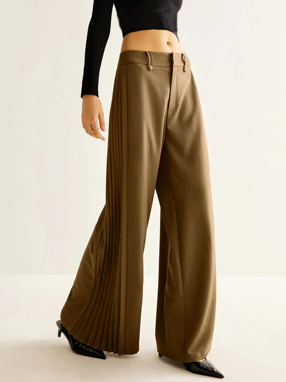 Pleated Detail Plain Wide-Leg Pants