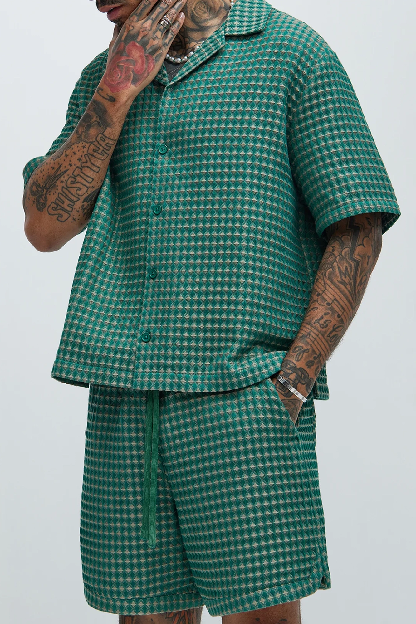 Dimensional Textured Button Up Shirt - Greencombo