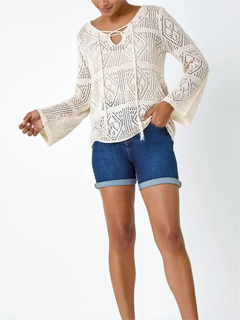 Ivory Crochet Tie Front V-Neck Tunic Top