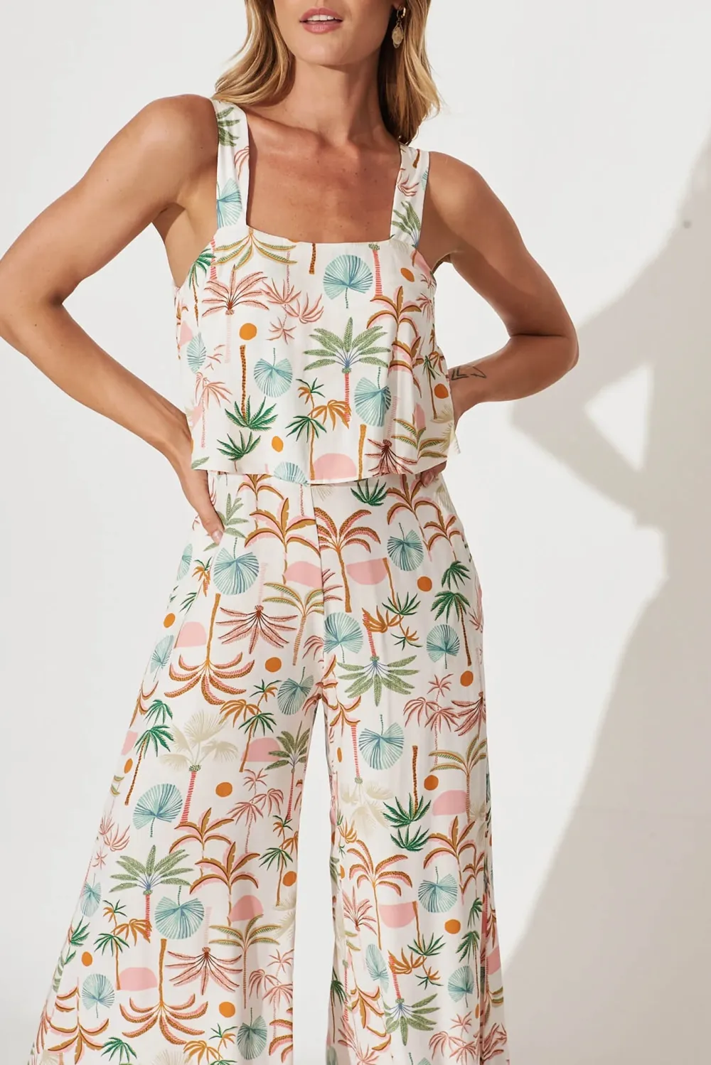 White Based Tropical Print Wide Leg Jumpsuit
