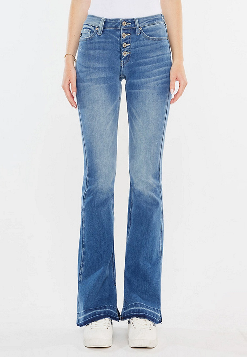 KanCan Mid Rise Buttonfly Split Hem Flare Jean