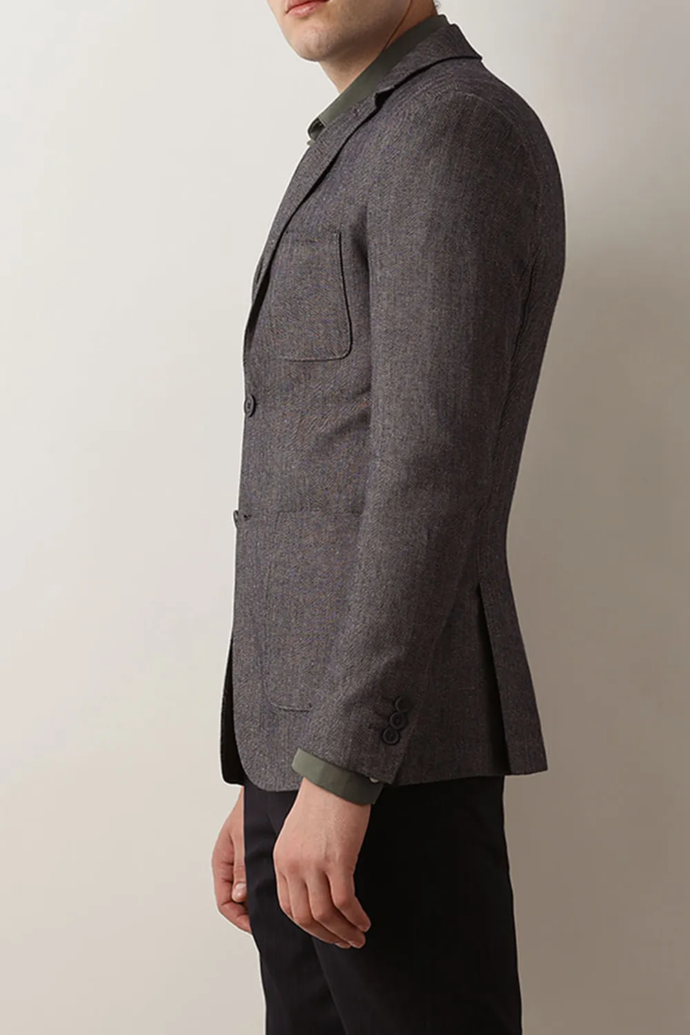 Navy Blue Textured Linen Casual Blazer