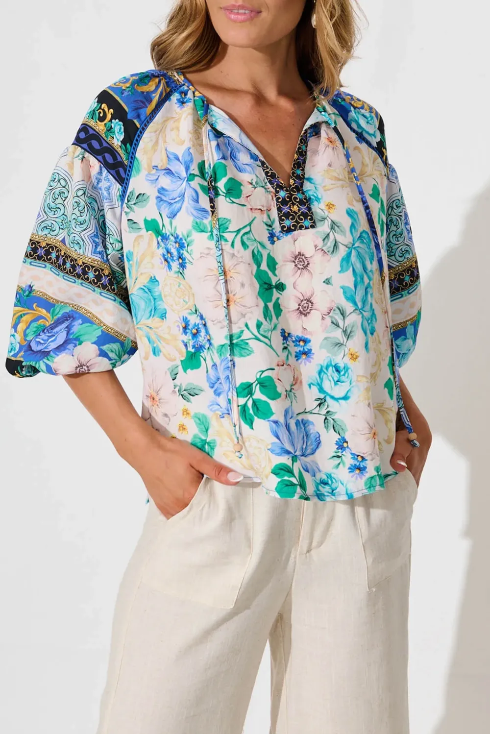 Blue Floral Patterned Half Sleeve Blouse