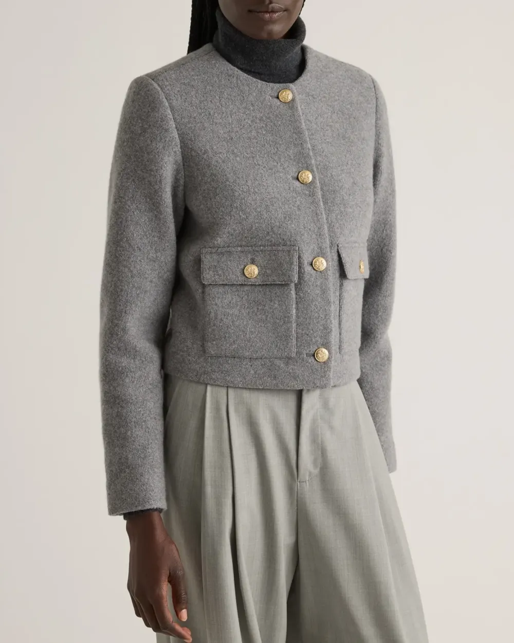 Collarless Cropped 100% Merino Wool Jacket