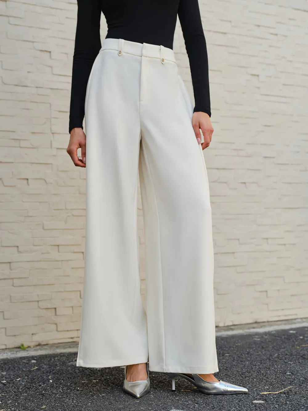Pleated Detail Plain Wide-Leg Pants