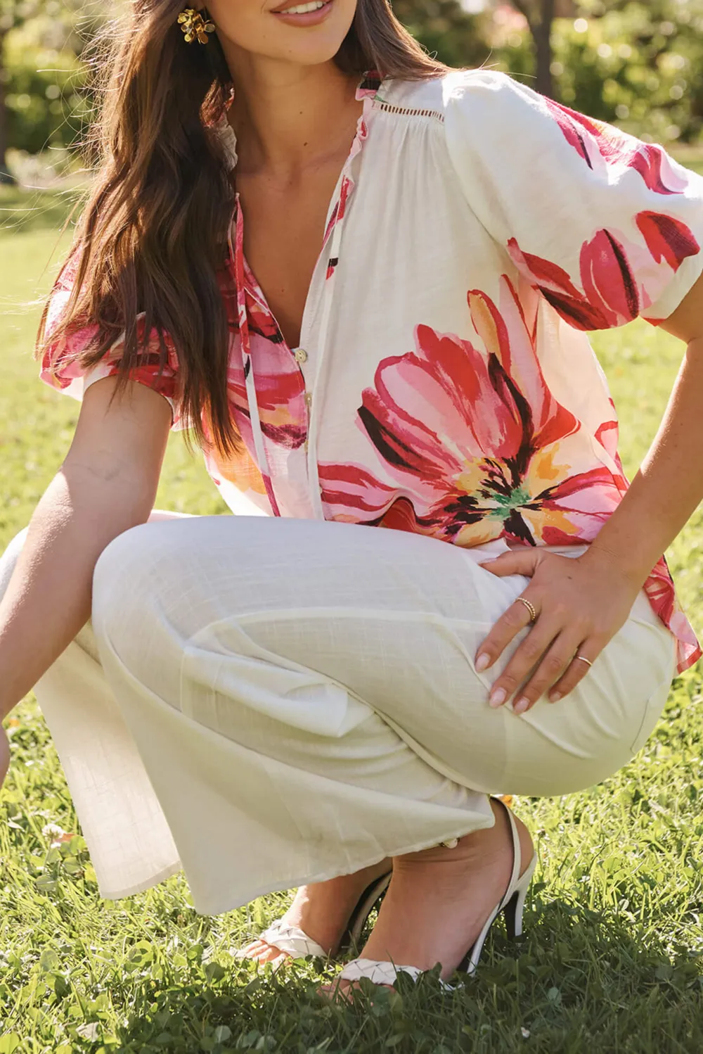 White Floral Print Half Sleeve Shirt
