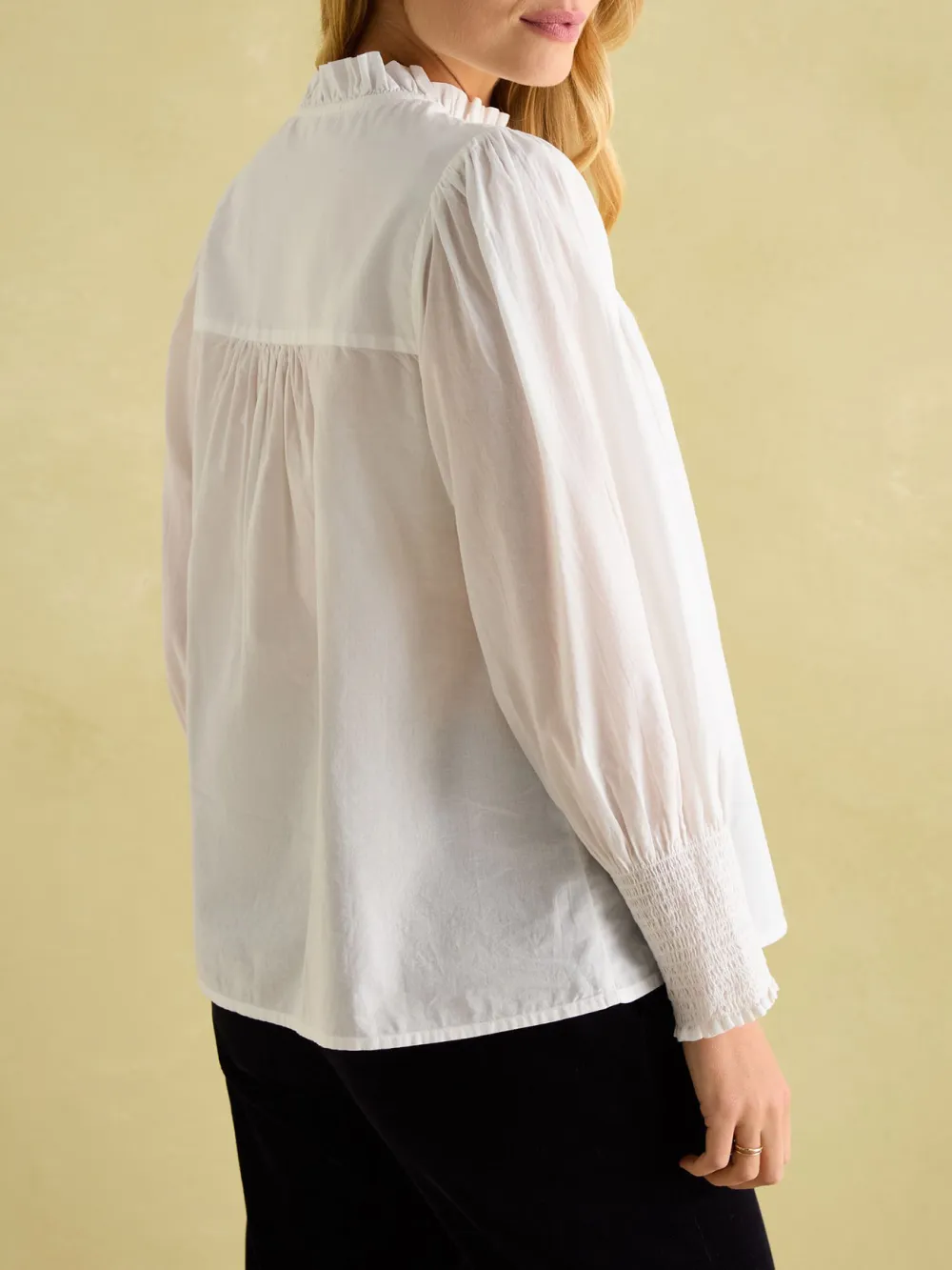 Medium Stretch Cream Cotton Frill Neck Blouse