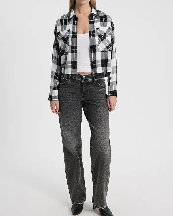 Plaid Faux Leather Trim Cropped Portofino Shirt