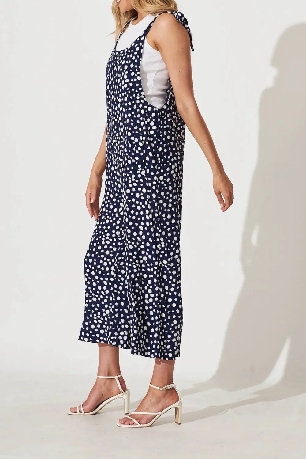 Navy Blue Polka Dot Sleeveless Overalls Jumpsuit