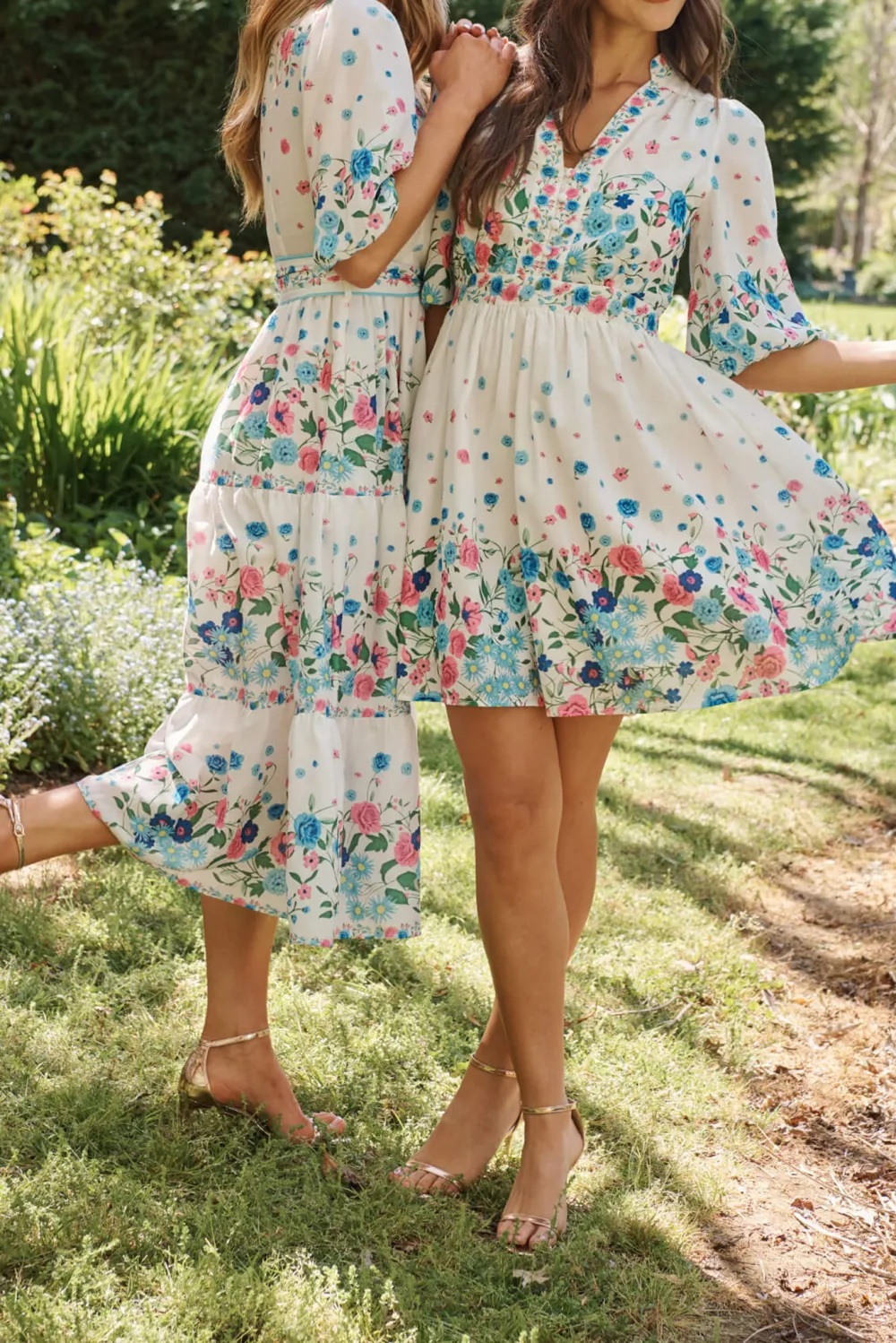White Floral Print Mini Dress With Puff Sleeves