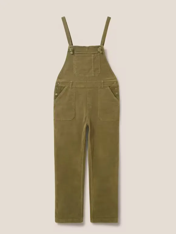 Ella Cord Dungaree In Khaki Green