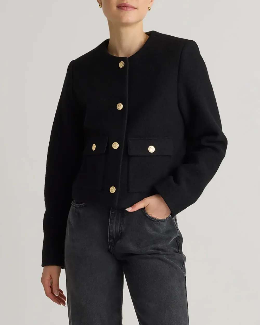 Collarless Cropped 100% Merino Wool Jacket