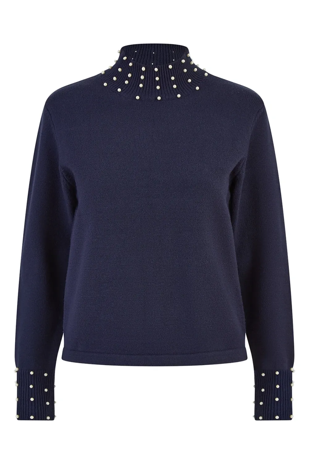 Navy Pearl Detail High Neck Jumper