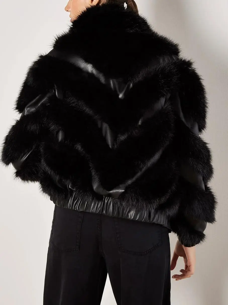 Faux Leather Chevron Fur Jacket