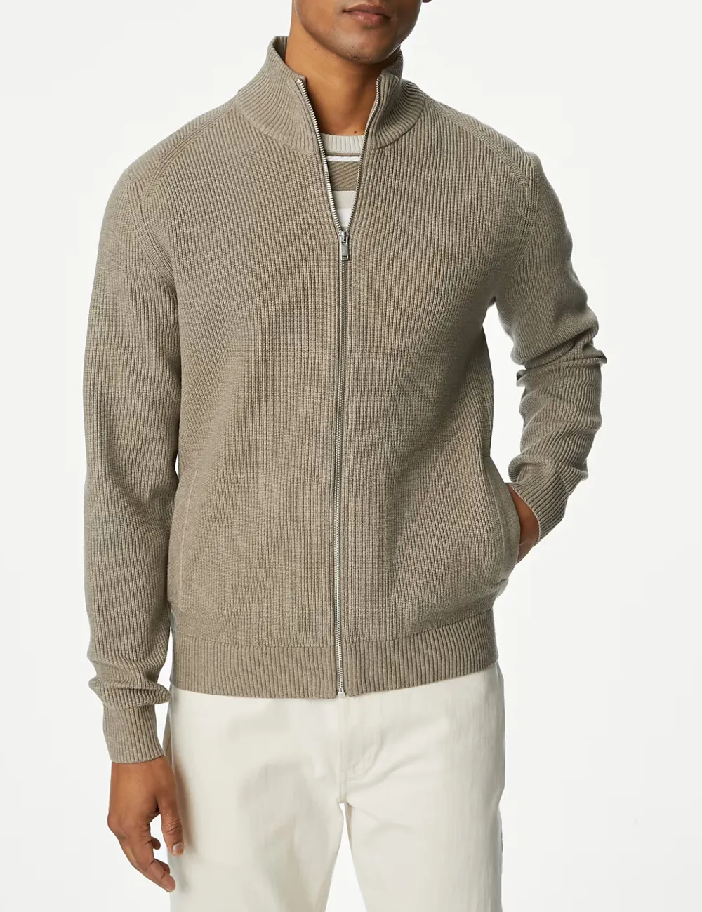 Cotton Blend Funnel Neck Zip Up Jumper