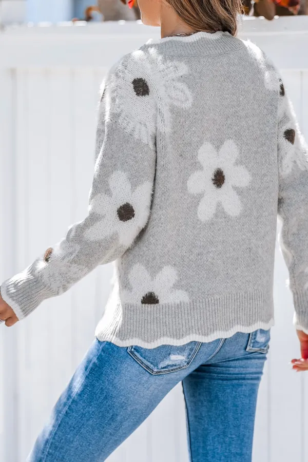 Grey Knit Daisy Scalloped Sweater