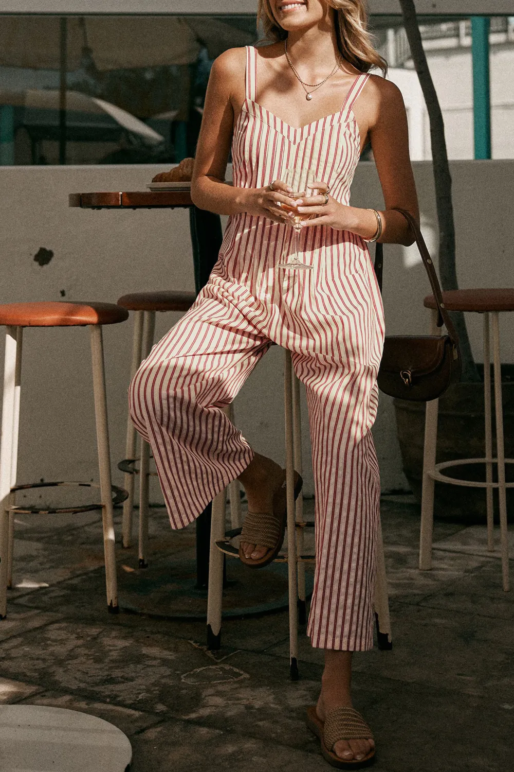 Striped Sleeveless V-Neck Wide Leg Jumpsuit