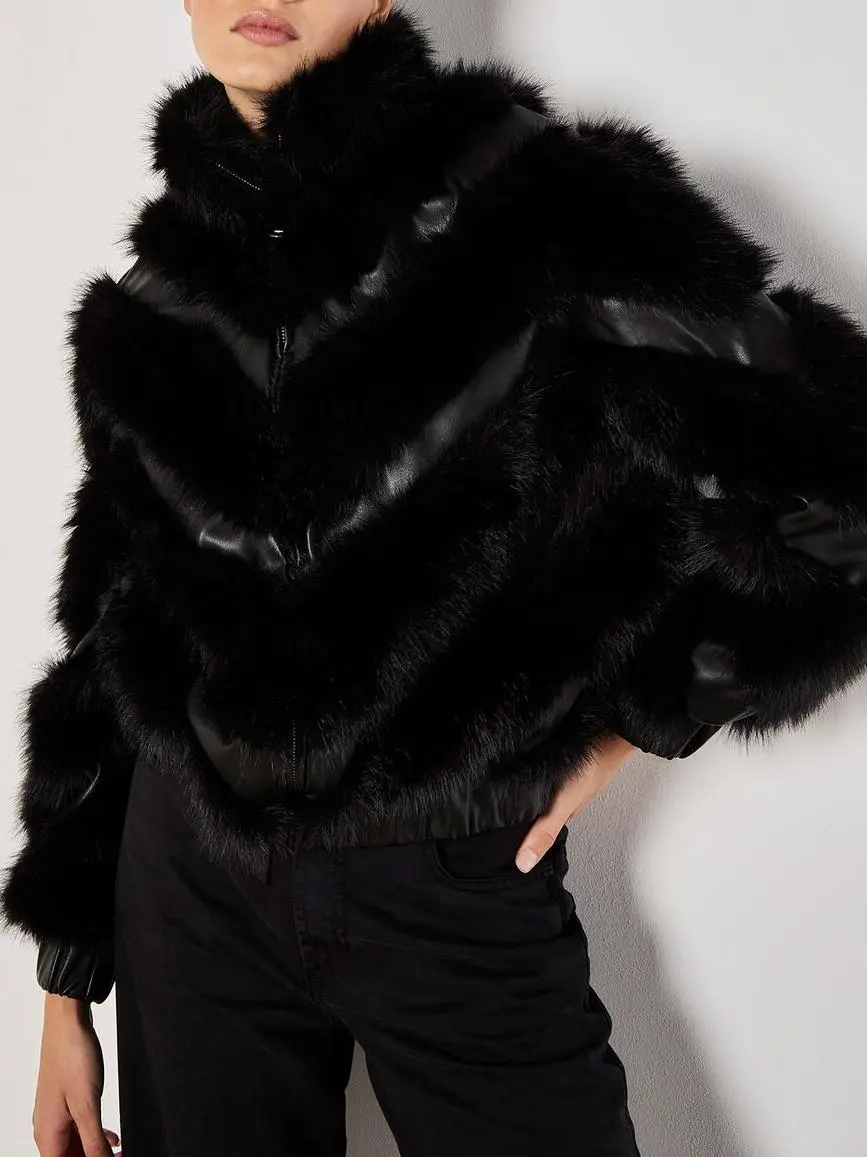 Faux Leather Chevron Fur Jacket