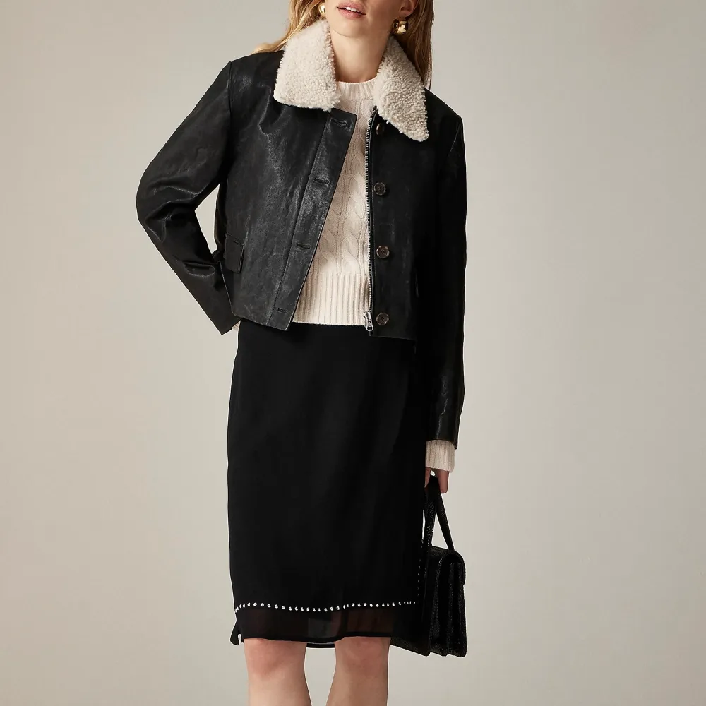 Collection cropped leather car coat with sherpa collar