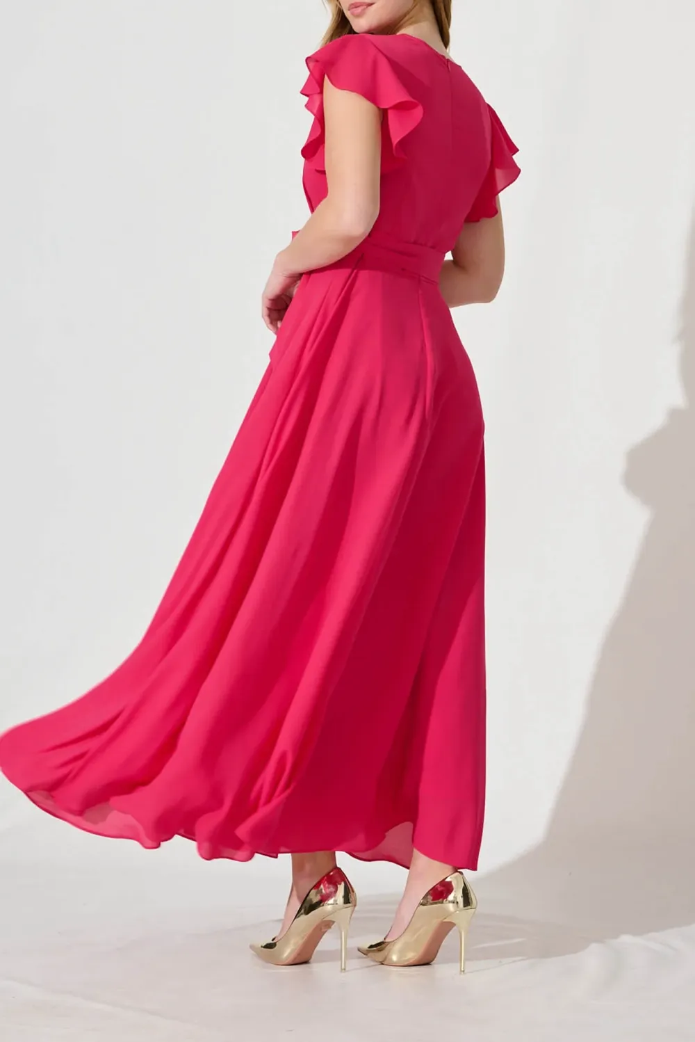 Fuchsia Ruffled Sleeve Wrap Style Maxi Dress