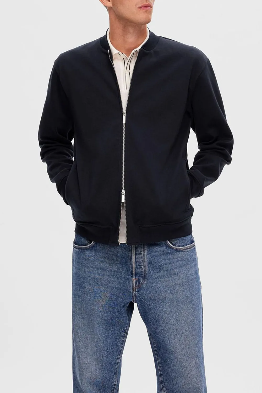 Dark Blue Jersey Bomber Jacket