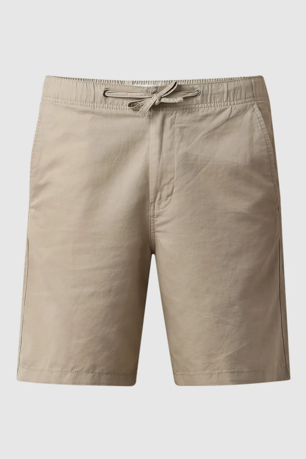 Beige Mid Rise Drawstring Linen Shorts