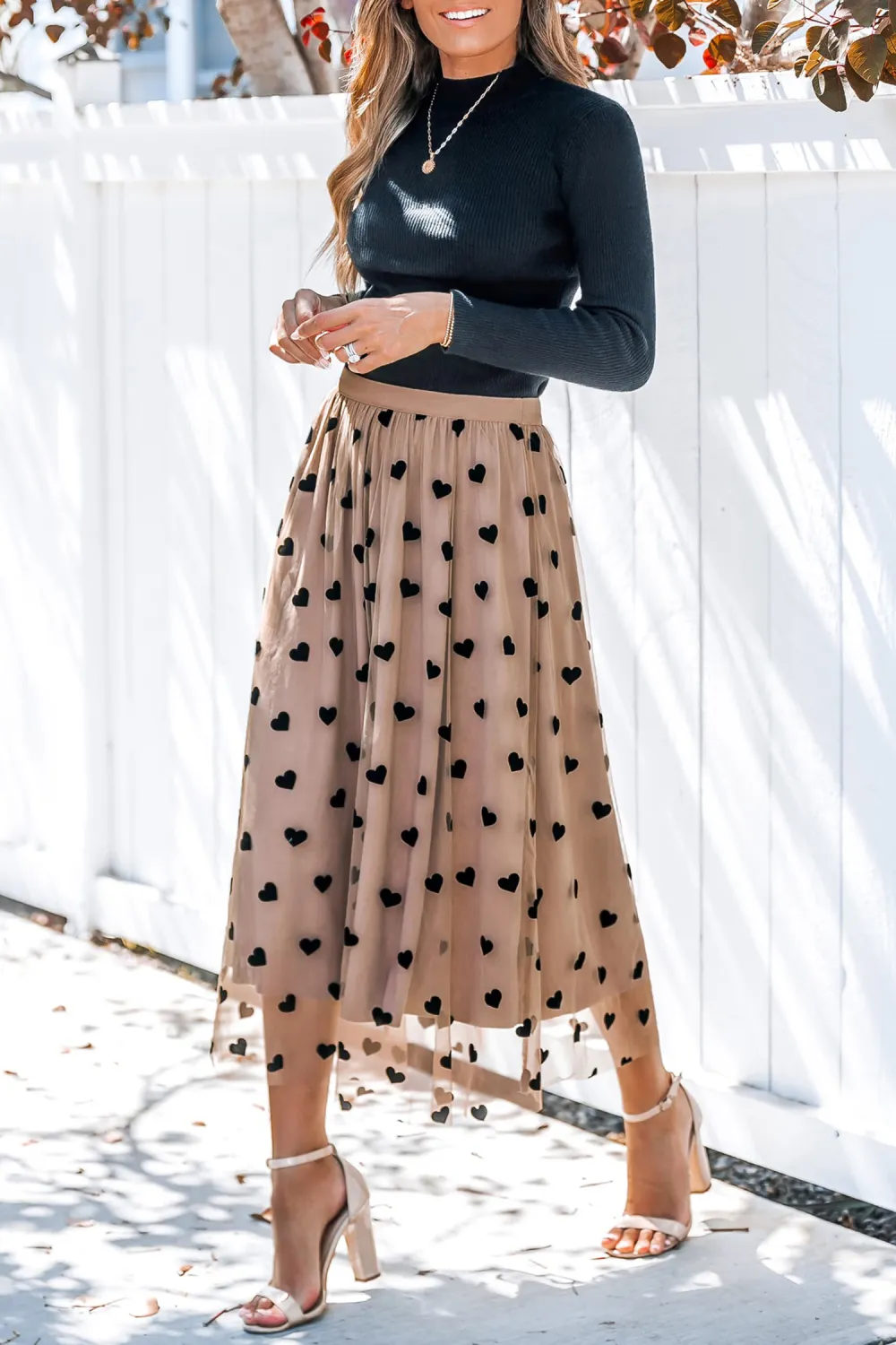 Heart Print Mesh Midi Skirt