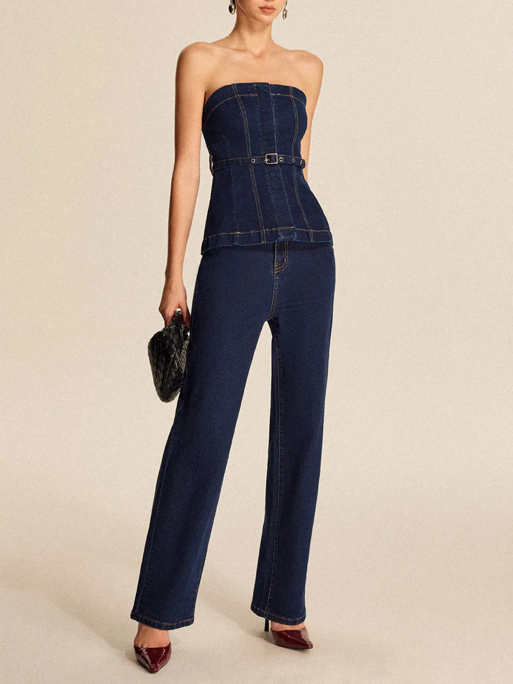 Sewing Detail Tube Top With Belt