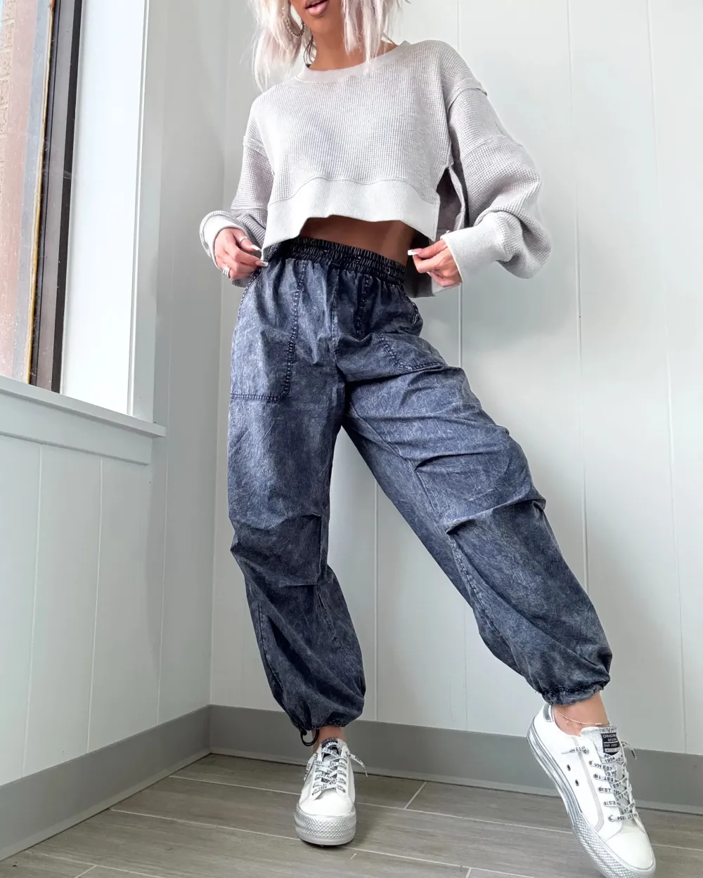 Not Letting Go Jogger Pants - Acid Denim