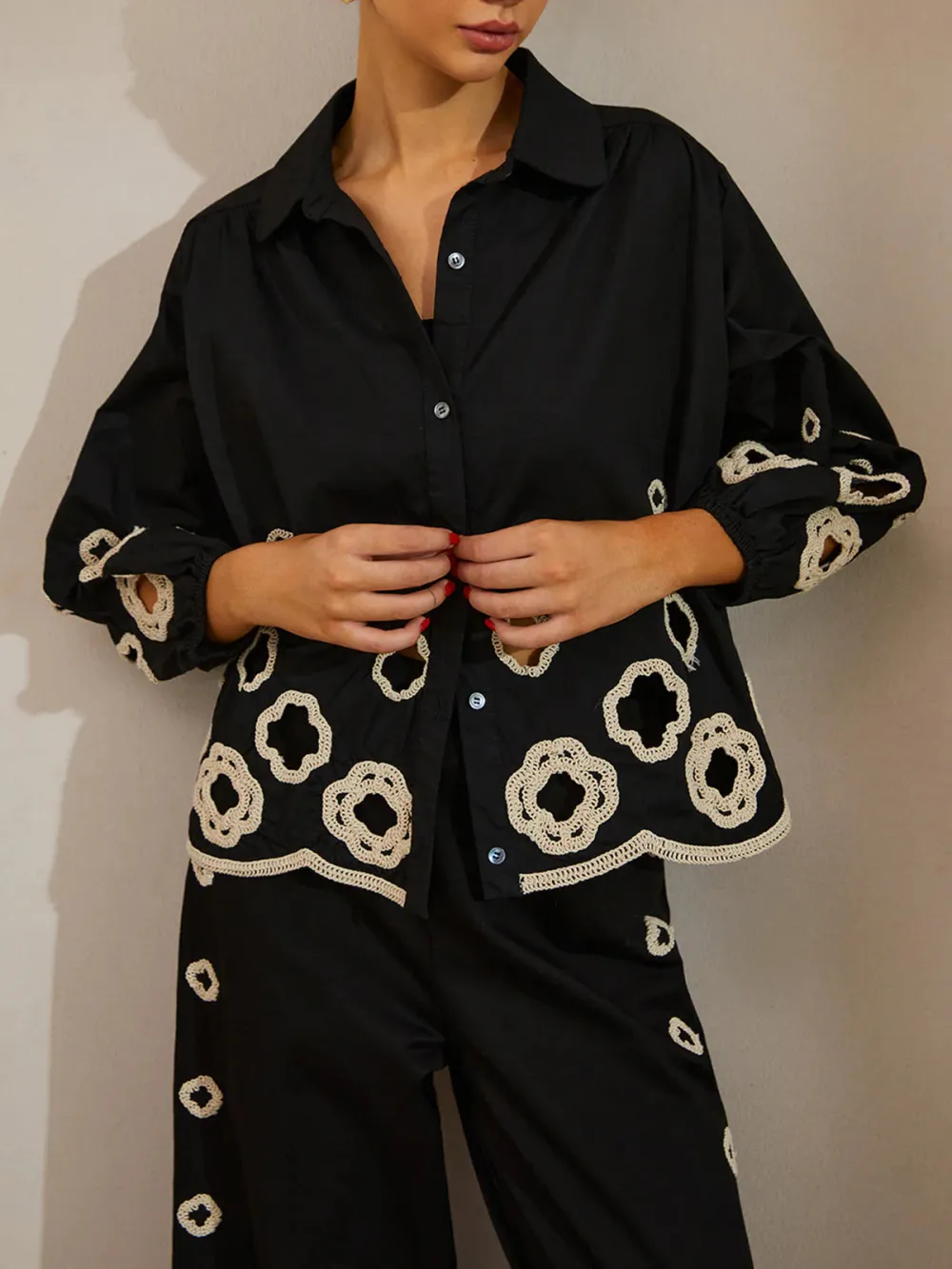 Hollow Embroidered Button Front Blouse