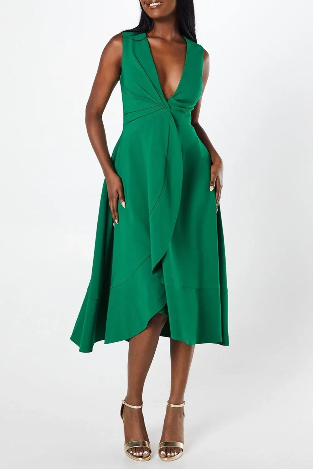 Twist Front Wrap Skirt Crepe Midi Dress