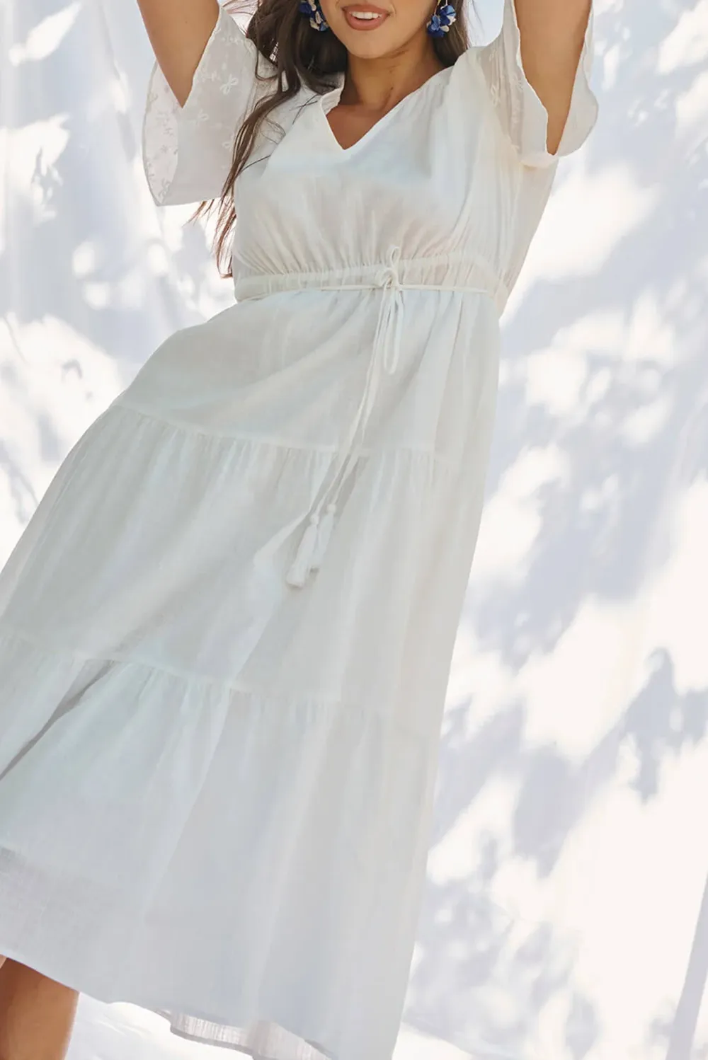 White Flutter Sleeve Tiered Midi Dress