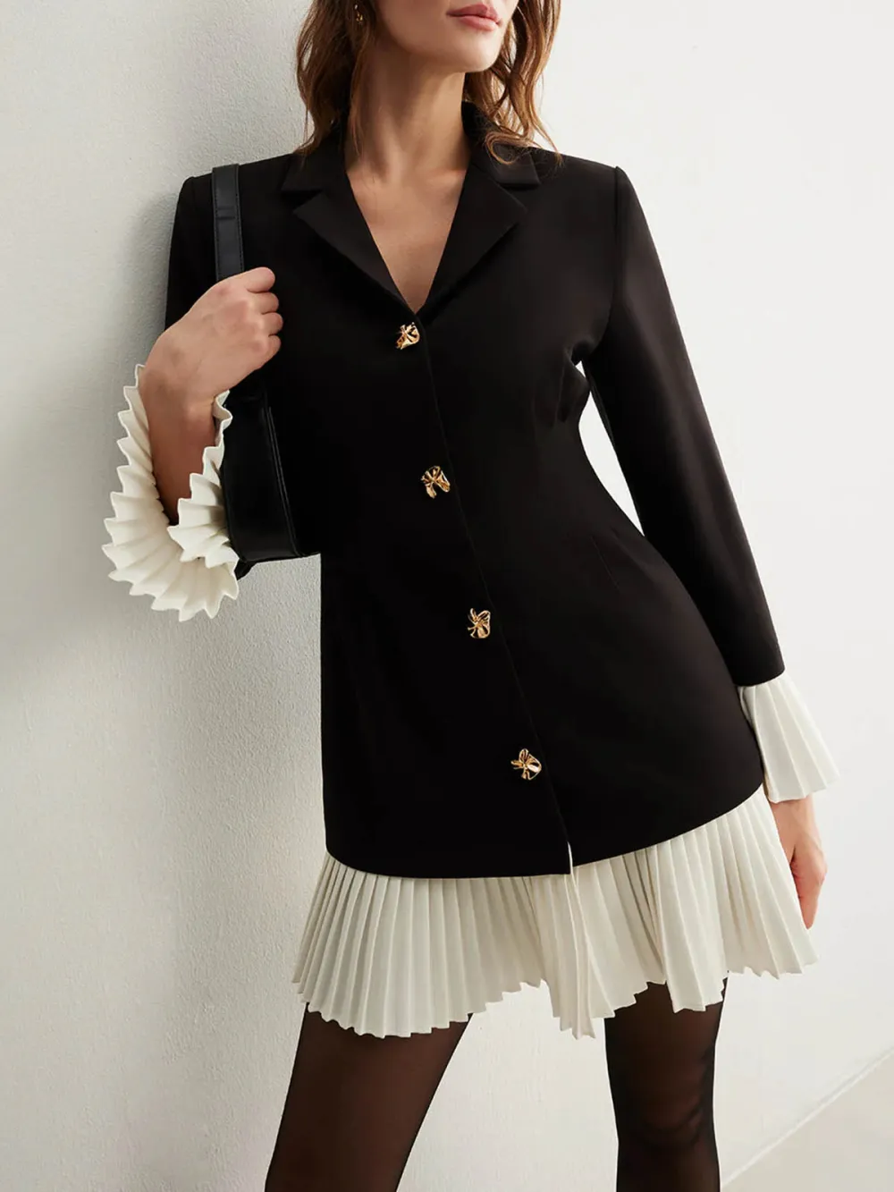 Pleated Detail Metal Button Long Sleeve Dress