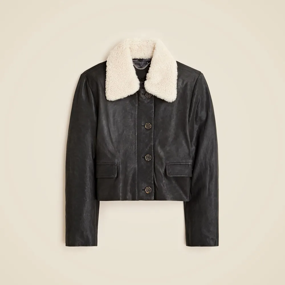 Collection cropped leather car coat with sherpa collar