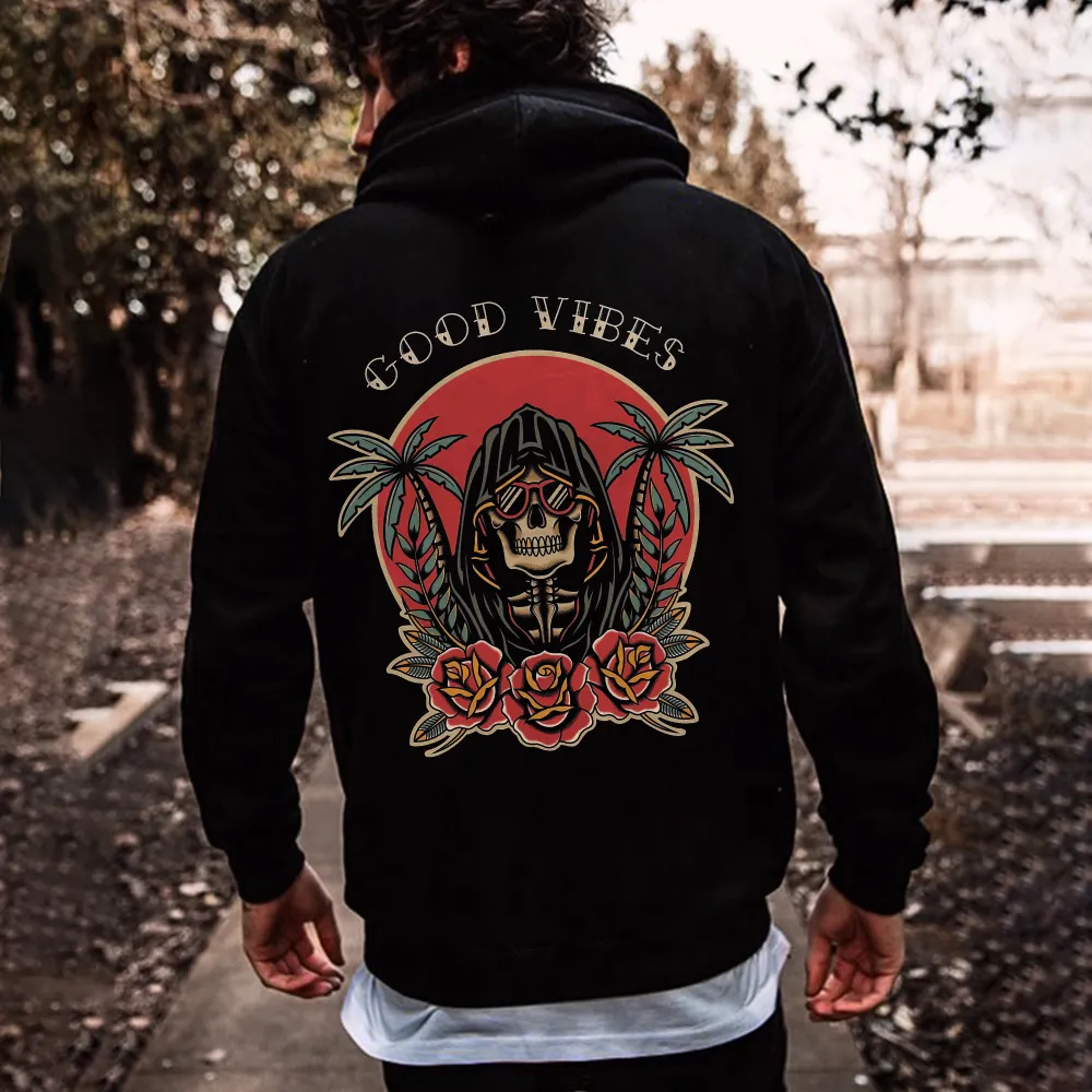 Good Vibes Skull Printed Men's Hoodie