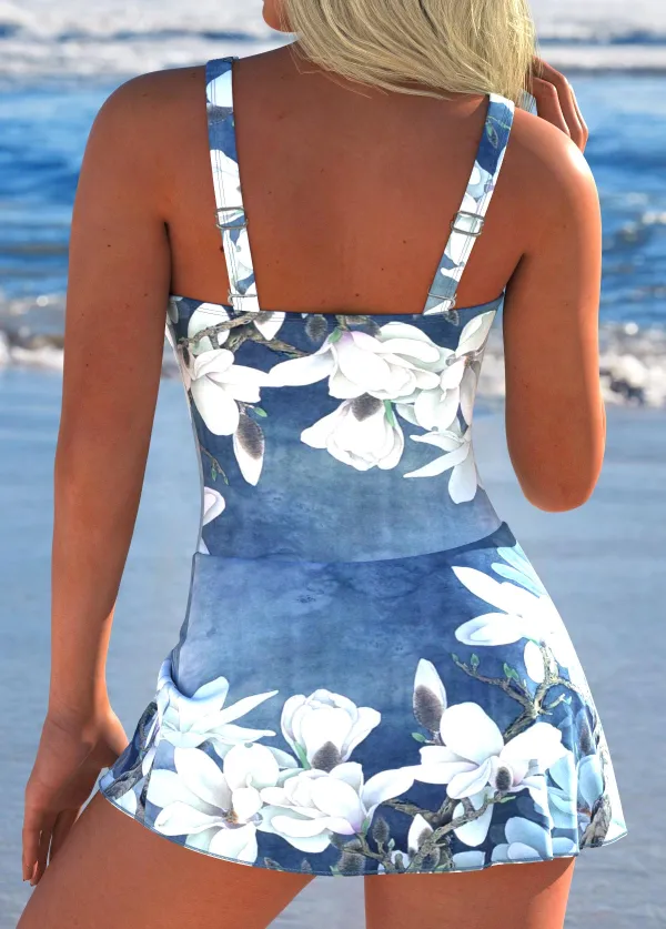Tie Floral Print Denim Blue One Piece Swimdress